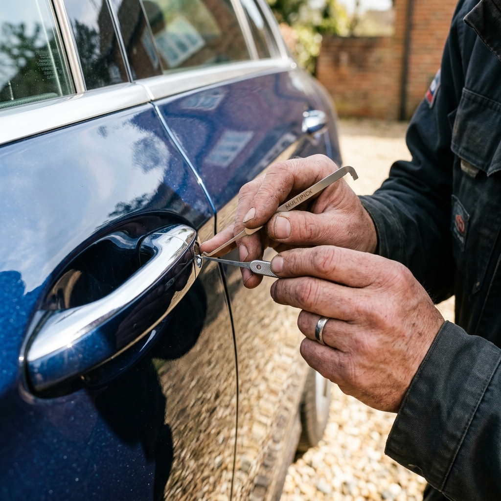 Locksmith opening locked car door roadside in Sarasota